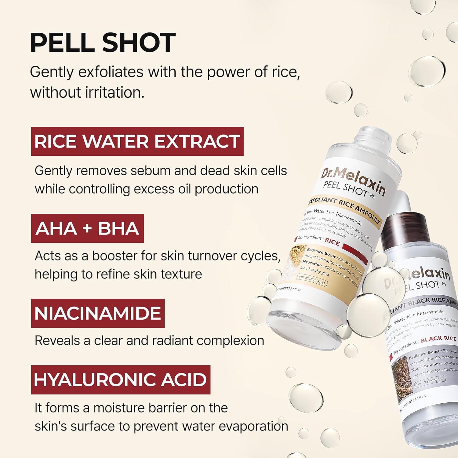 Dr.Melaxin Peel Shot - Glow White Rice + Black Rice Peeling Ampoule, Soft Exfoliating Face and Body Scrub, Dead Skin Cells Remover for All Skin Types, korean skin care 80ml each (Pack of 2)