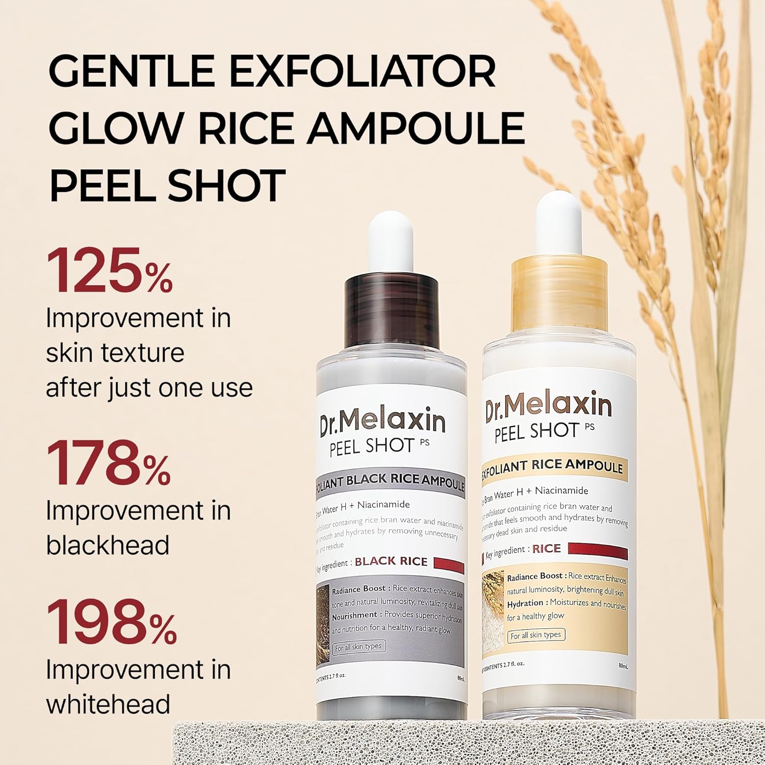 Dr.Melaxin Peel Shot - Glow White Rice + Black Rice Peeling Ampoule, Soft Exfoliating Face and Body Scrub, Dead Skin Cells Remover for All Skin Types, korean skin care 80ml each (Pack of 2)