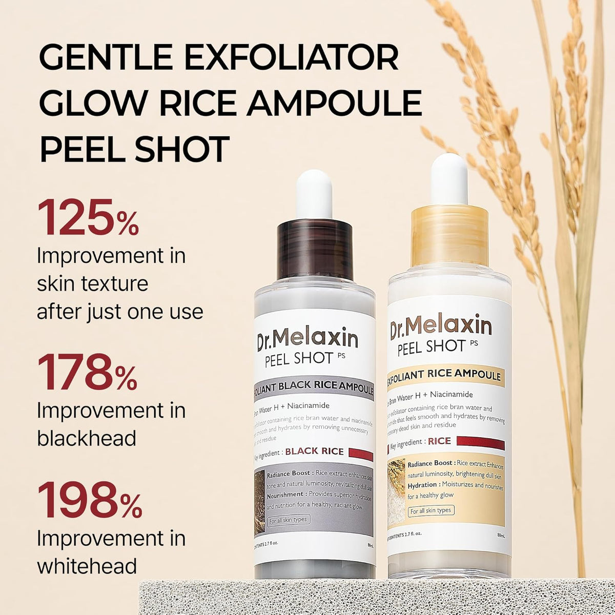 Dr.Melaxin Peel Shot - Glow White Rice + Black Rice Peeling Ampoule, Soft Exfoliating Face and Body Scrub, Dead Skin Cells Remover for All Skin Types, korean skin care 80ml each (Pack of 2)